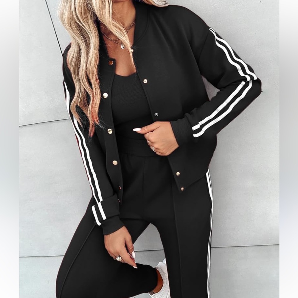 Women’s Black Two-Piece Athletic Track Set with White Stripes